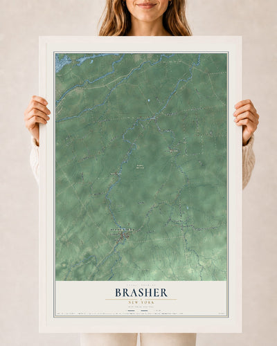 Brasher, New York map print, 24" x 36" W/ White Ayous Wood Frame mockup