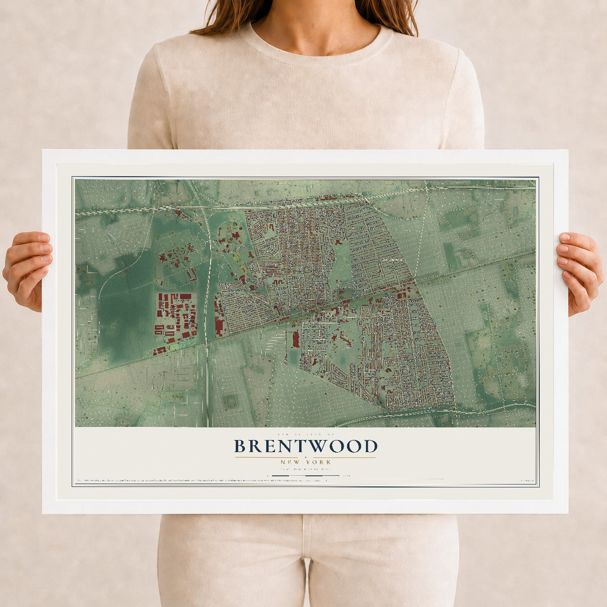 Brentwood, New York map print, 12" x 18" W/ White Ayous Wood Frame mockup