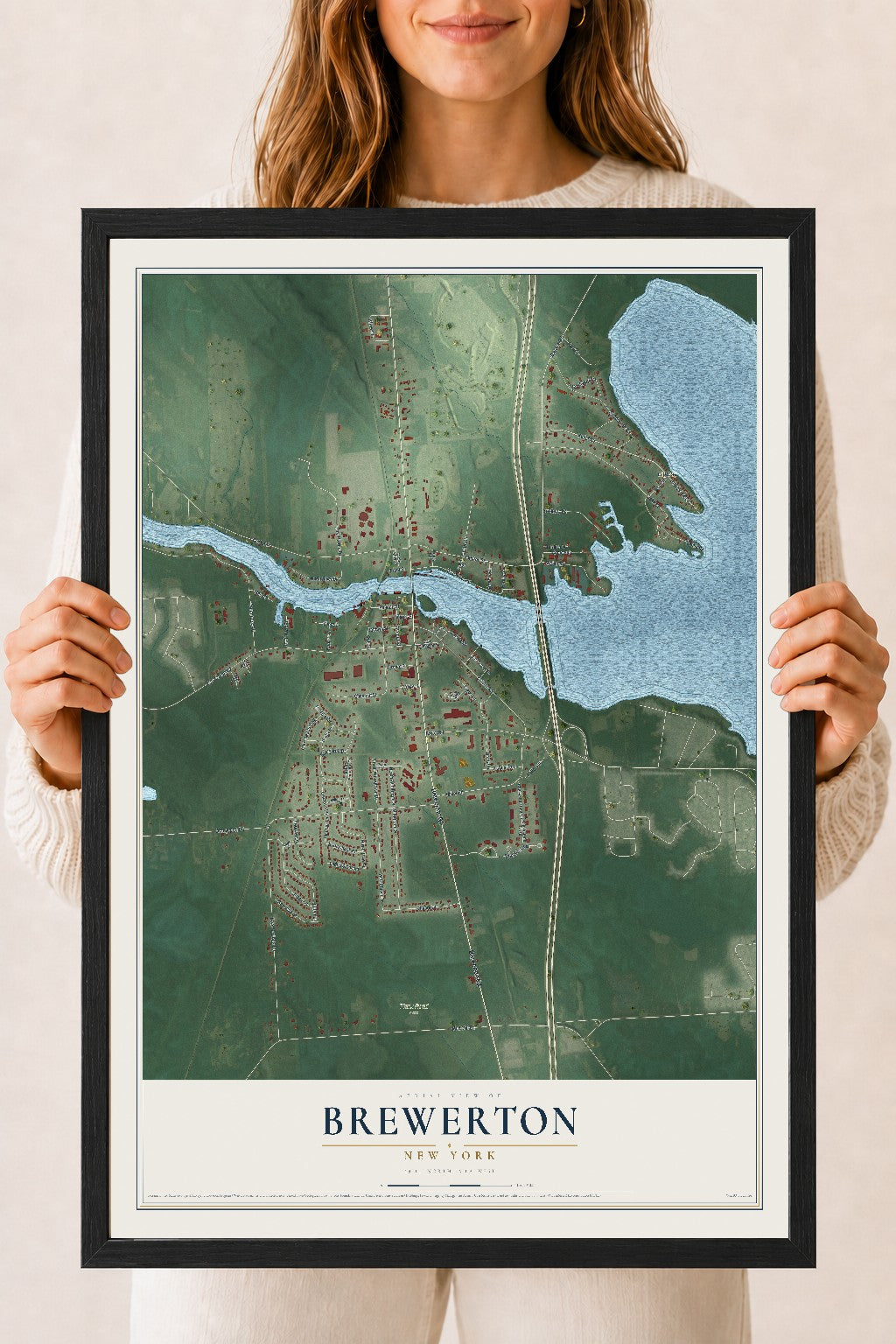 Brewerton, New York map print, 18" x 24" W/ Black Ayous Wood Frame mockup