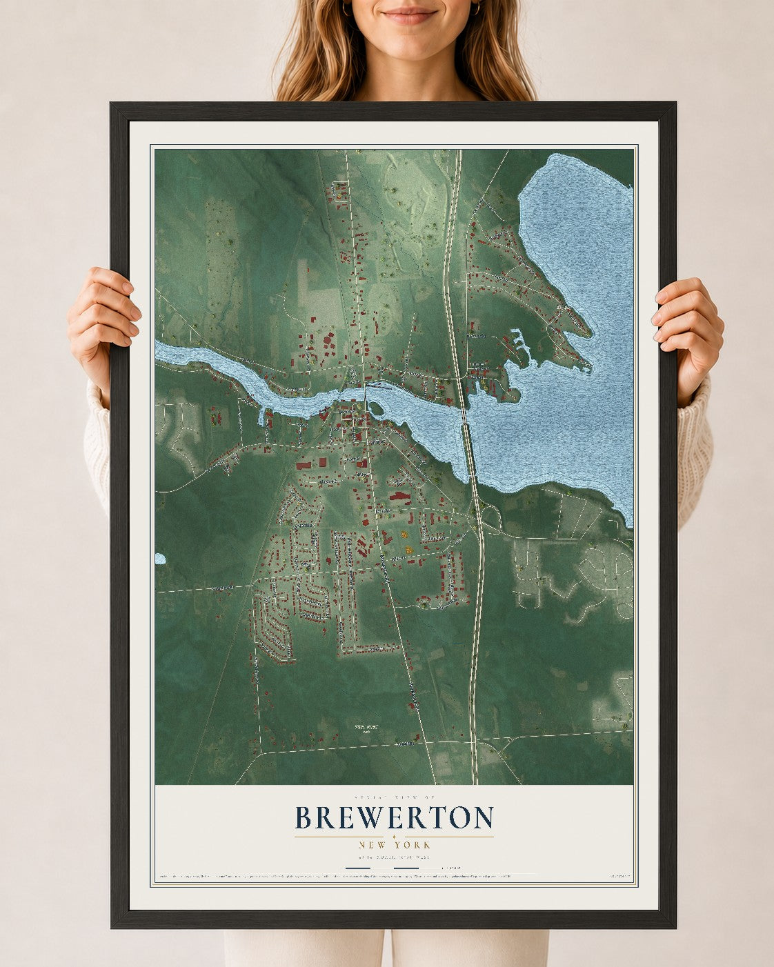 Brewerton, New York map print, 24" x 36" W/ Black Ayous Wood Frame mockup