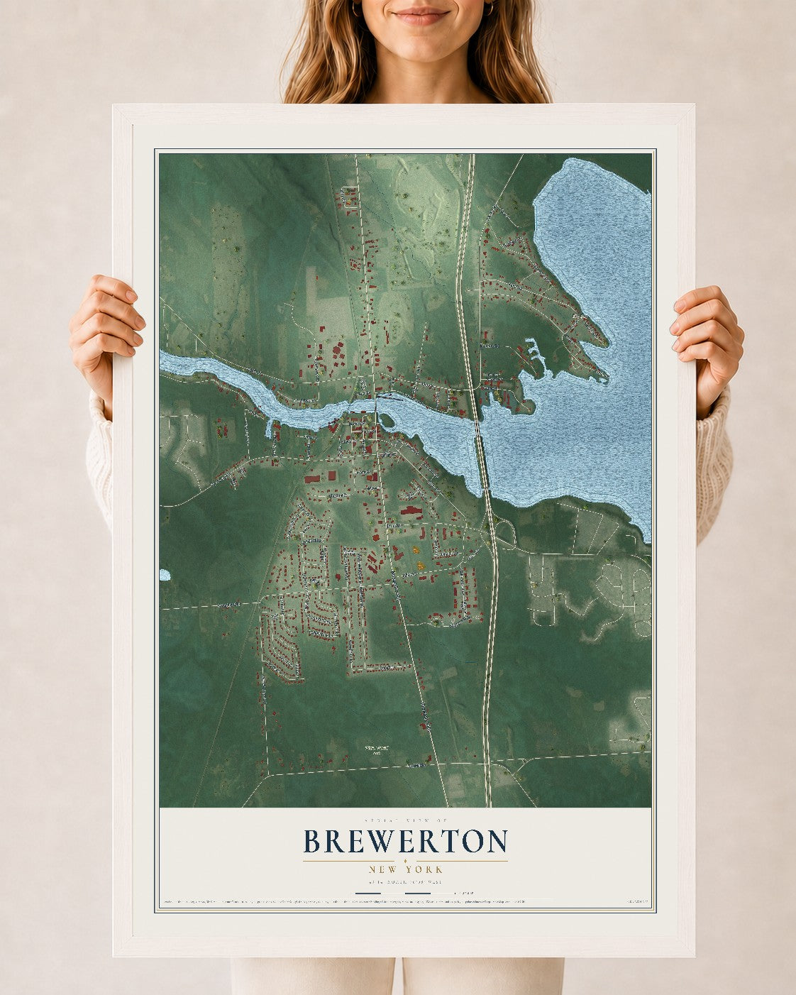 Brewerton, New York map print, 24" x 36" W/ White Ayous Wood Frame mockup