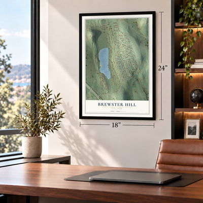 Brewster Hill, New York map, 18 x 24 inch print in a black frame in a home office