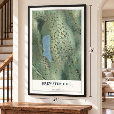 Brewster Hill, New York map, 24 x 36 inch print in a black frame by a staircase