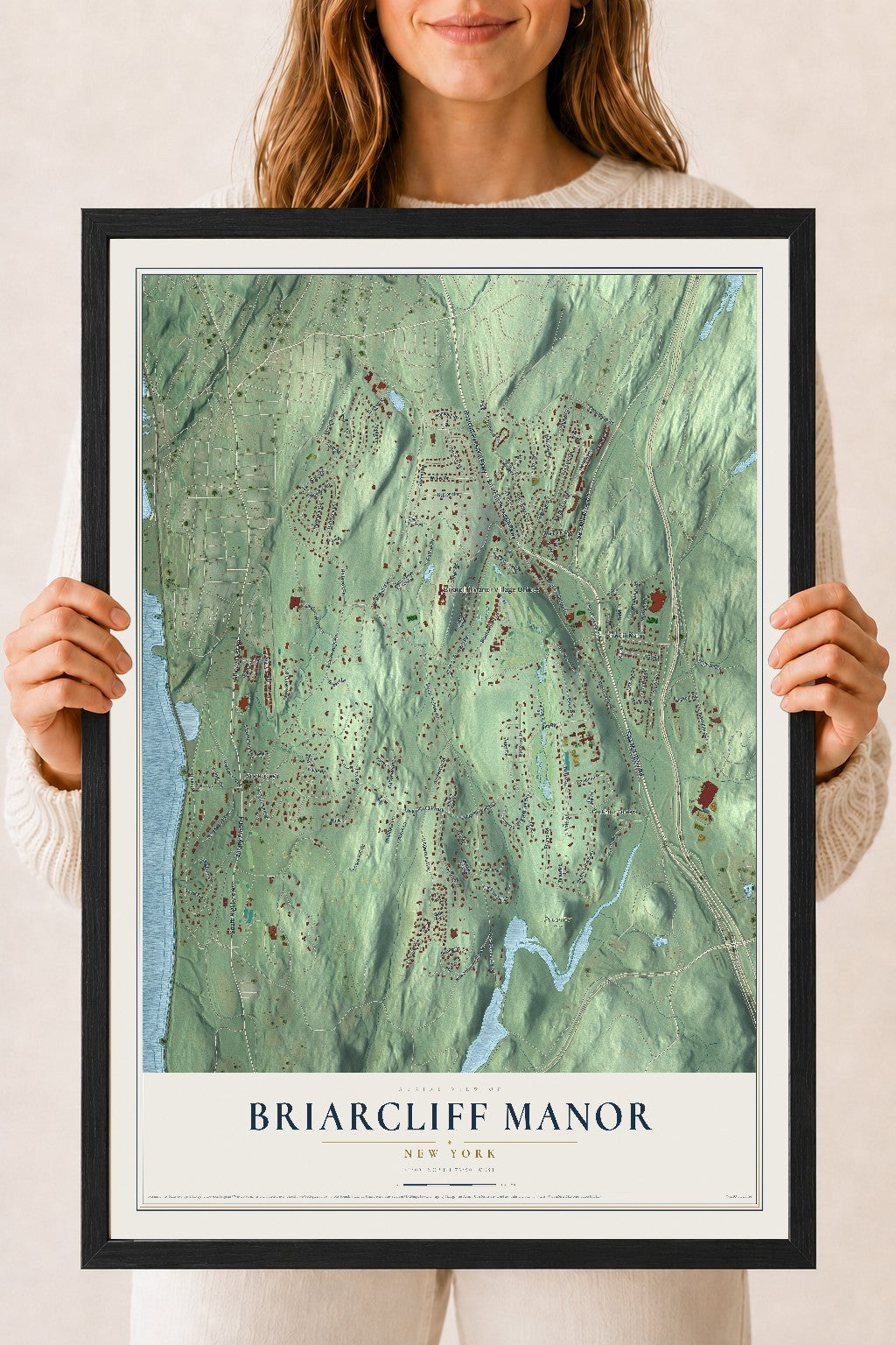 Briarcliff Manor, New York map print, 18" x 24" W/ Black Ayous Wood Frame mockup