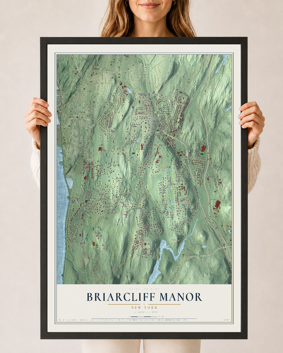 Briarcliff Manor, New York map print, 24" x 36" W/ Black Ayous Wood Frame mockup