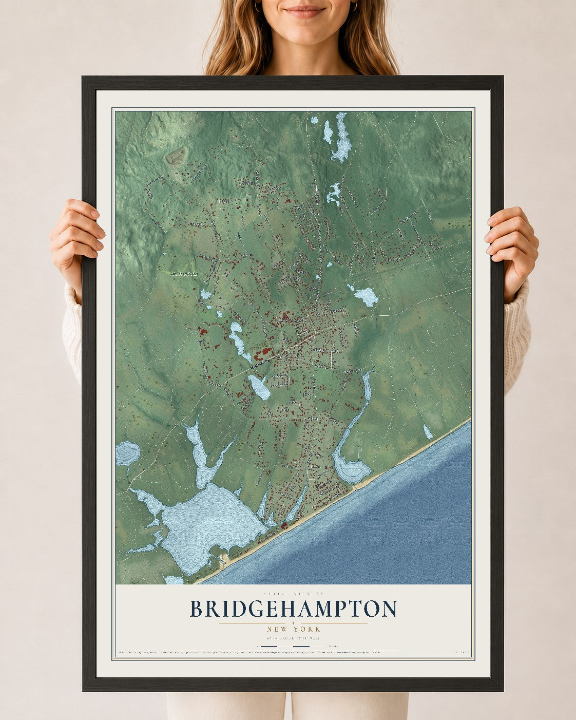 Bridgehampton, New York map print, 24" x 36" W/ Black Ayous Wood Frame mockup