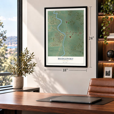 Bridgeport, New York map, 18 x 24 inch print in a black frame in a home office