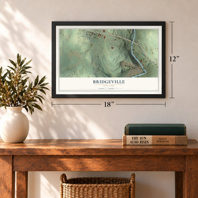 Bridgeville, New York map, 12 x 18 inch print in a black frame in an entryway
