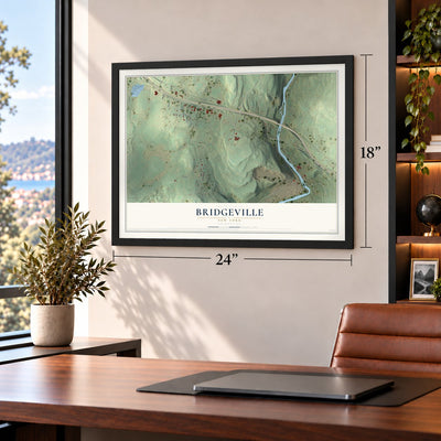 Bridgeville, New York map, 18 x 24 inch print in a black frame in a home office