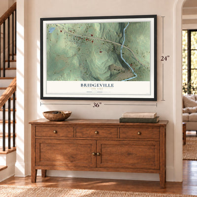 Bridgeville, New York map, 24 x 36 inch print in a black frame above a dresser by a staircase