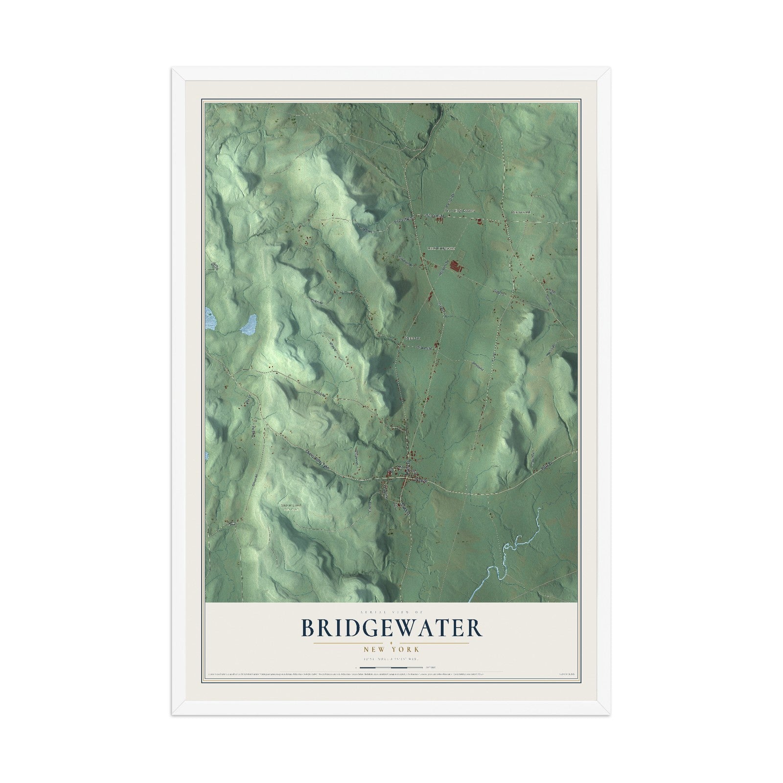 Bridgewater, New York map print, 12" x 18" W/ White Ayous Wood Frame mockup