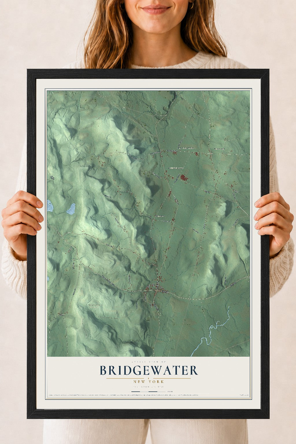 Bridgewater, New York map print, 18" x 24" W/ Black Ayous Wood Frame mockup