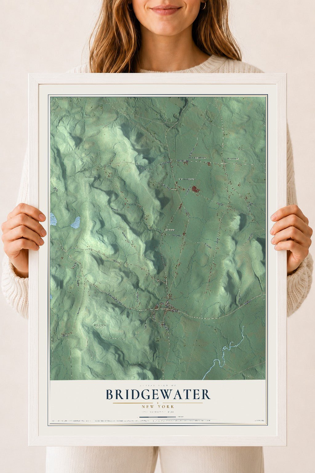 Bridgewater, New York map print, 18" x 24" W/ White Ayous Wood Frame mockup