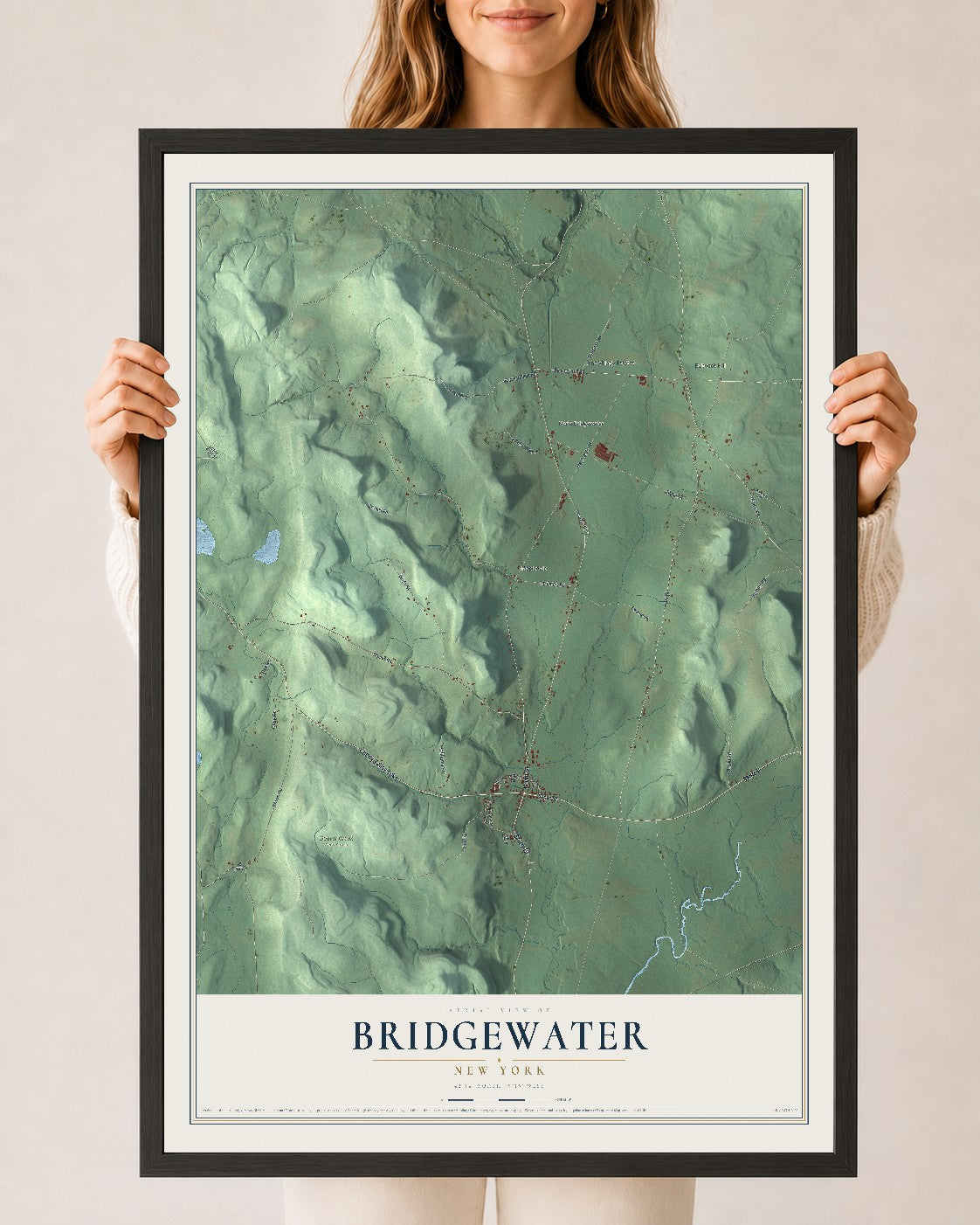 Bridgewater, New York map print, 24" x 36" W/ Black Ayous Wood Frame mockup