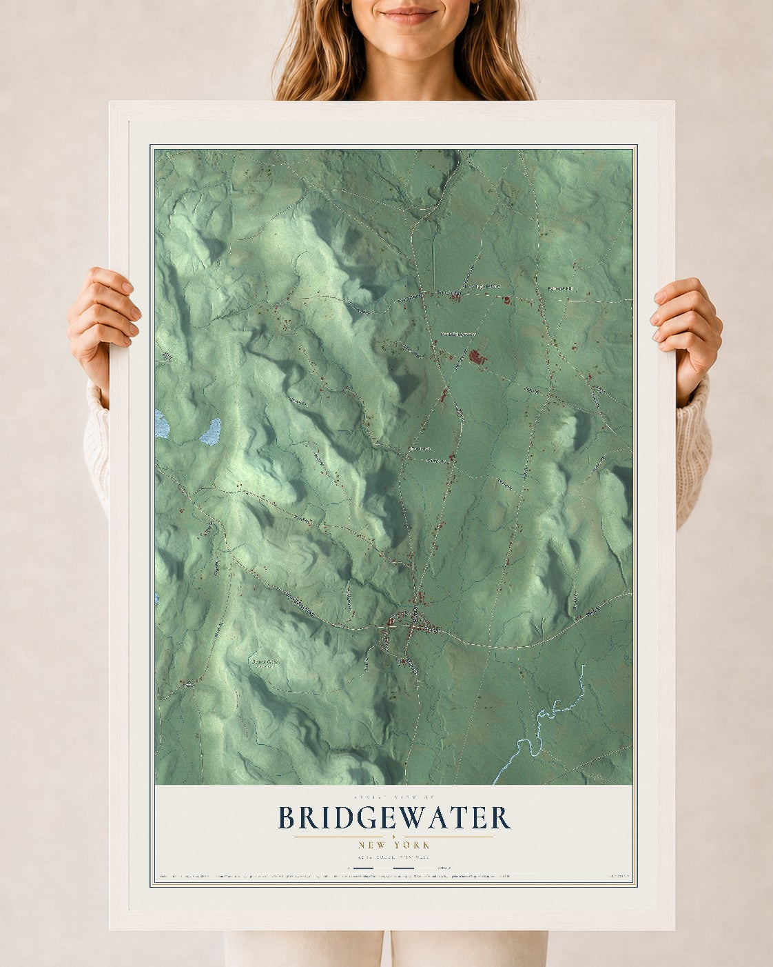 Bridgewater, New York map print, 24" x 36" W/ White Ayous Wood Frame mockup
