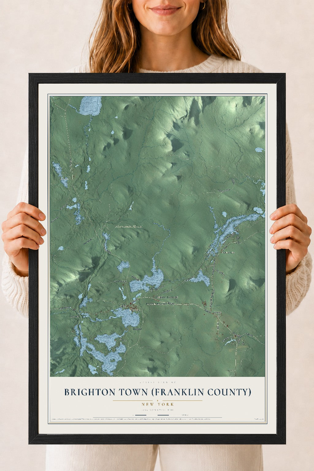 Brighton Town (Franklin County), New York map print, 18" x 24" W/ Black Ayous Wood Frame mockup