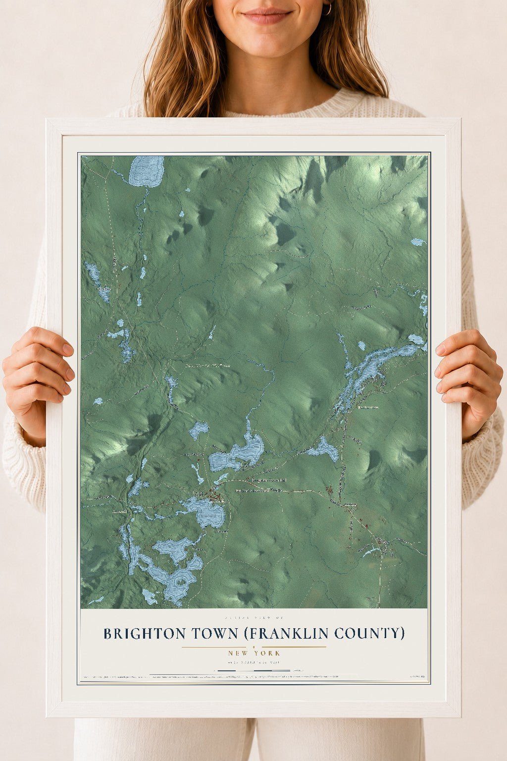 Brighton Town (Franklin County), New York map print, 18" x 24" W/ White Ayous Wood Frame mockup