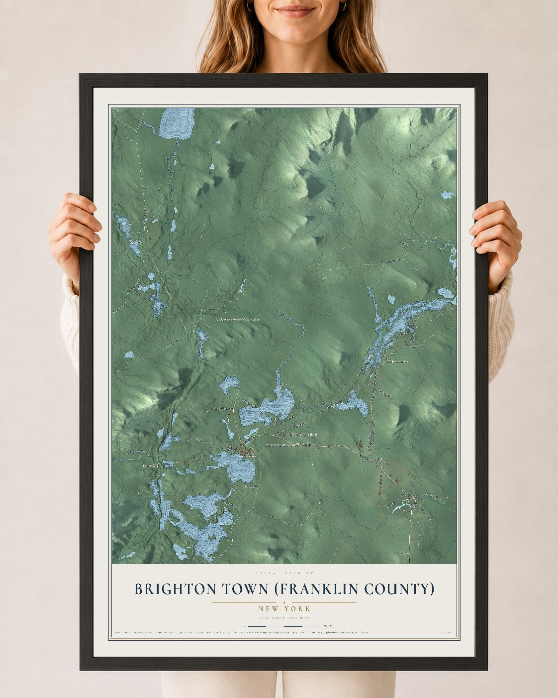 Brighton Town (Franklin County), New York map print, 24" x 36" W/ Black Ayous Wood Frame mockup