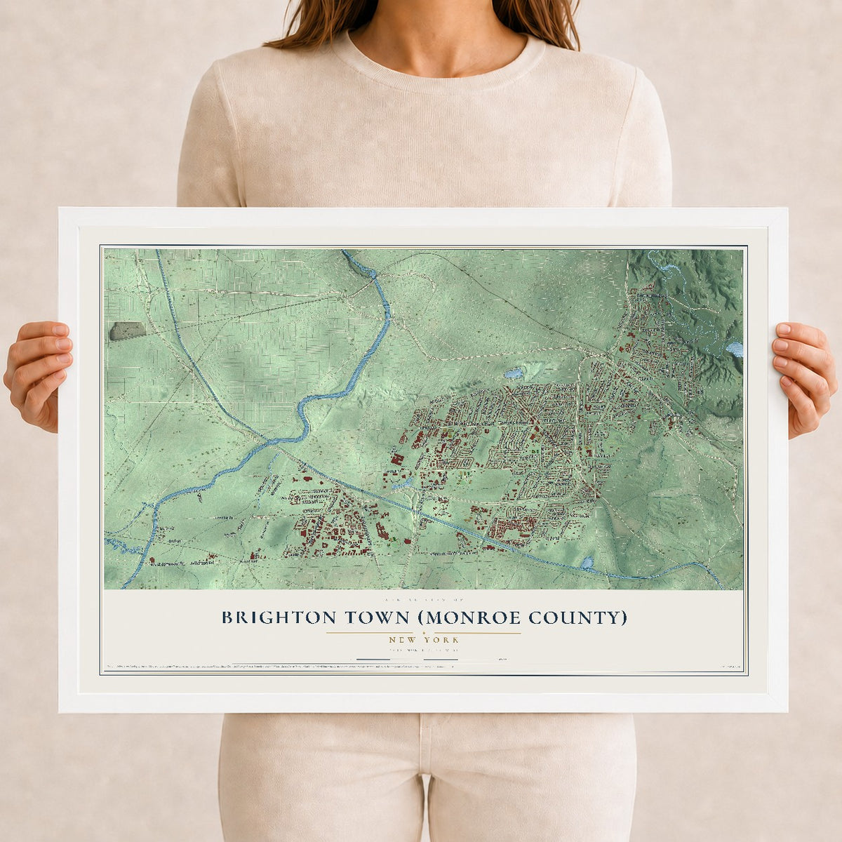 Brighton Town (Monroe County), New York map print, 12" x 18" W/ White Ayous Wood Frame mockup