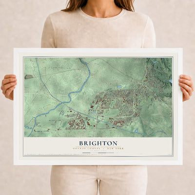 Map of Brighton, Monroe County, New York, 12 x 18 inch print in a white wood frame