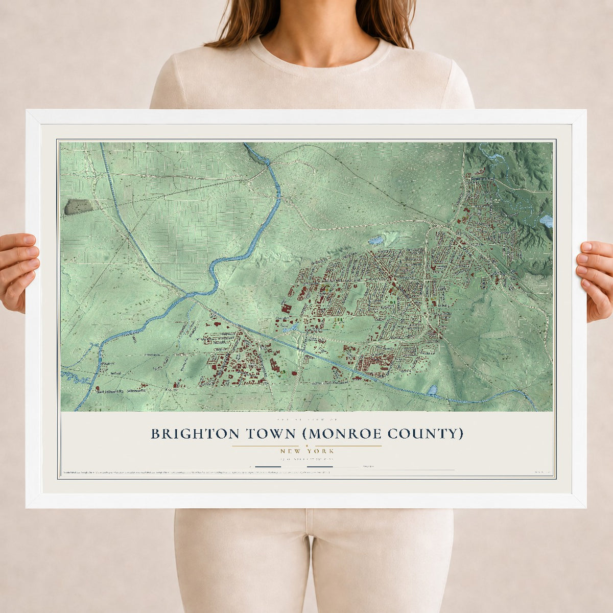 Brighton Town (Monroe County), New York map print, 18" x 24" W/ White Ayous Wood Frame mockup