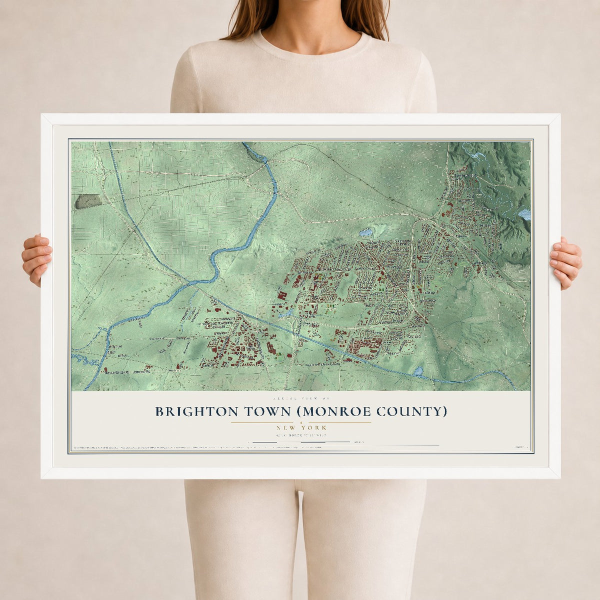 Brighton Town (Monroe County), New York map print, 24" x 36" W/ White Ayous Wood Frame mockup