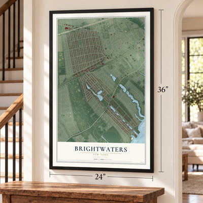 Brightwaters, New York map, 24 x 36 inch print in a black frame by a staircase