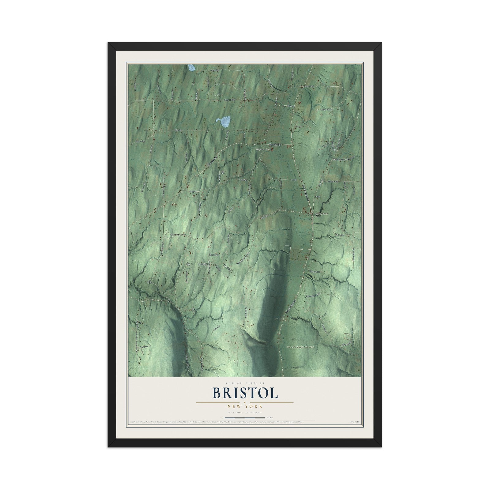 Bristol, New York map print, 12" x 18" W/ Black Ayous Wood Frame mockup