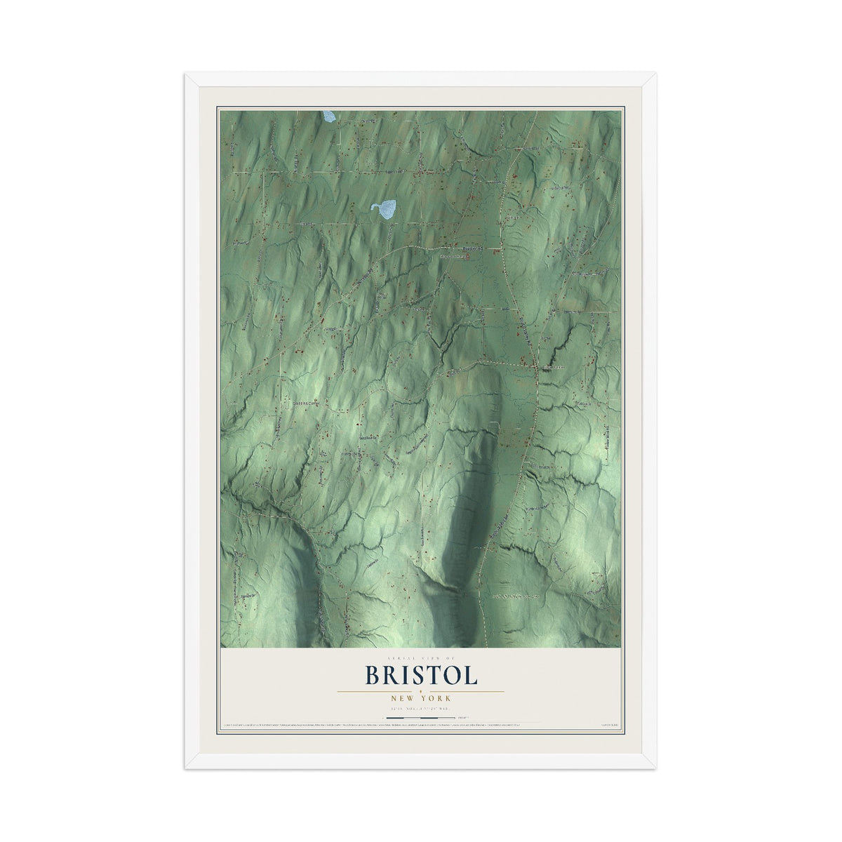 Bristol, New York map print, 12" x 18" W/ White Ayous Wood Frame mockup