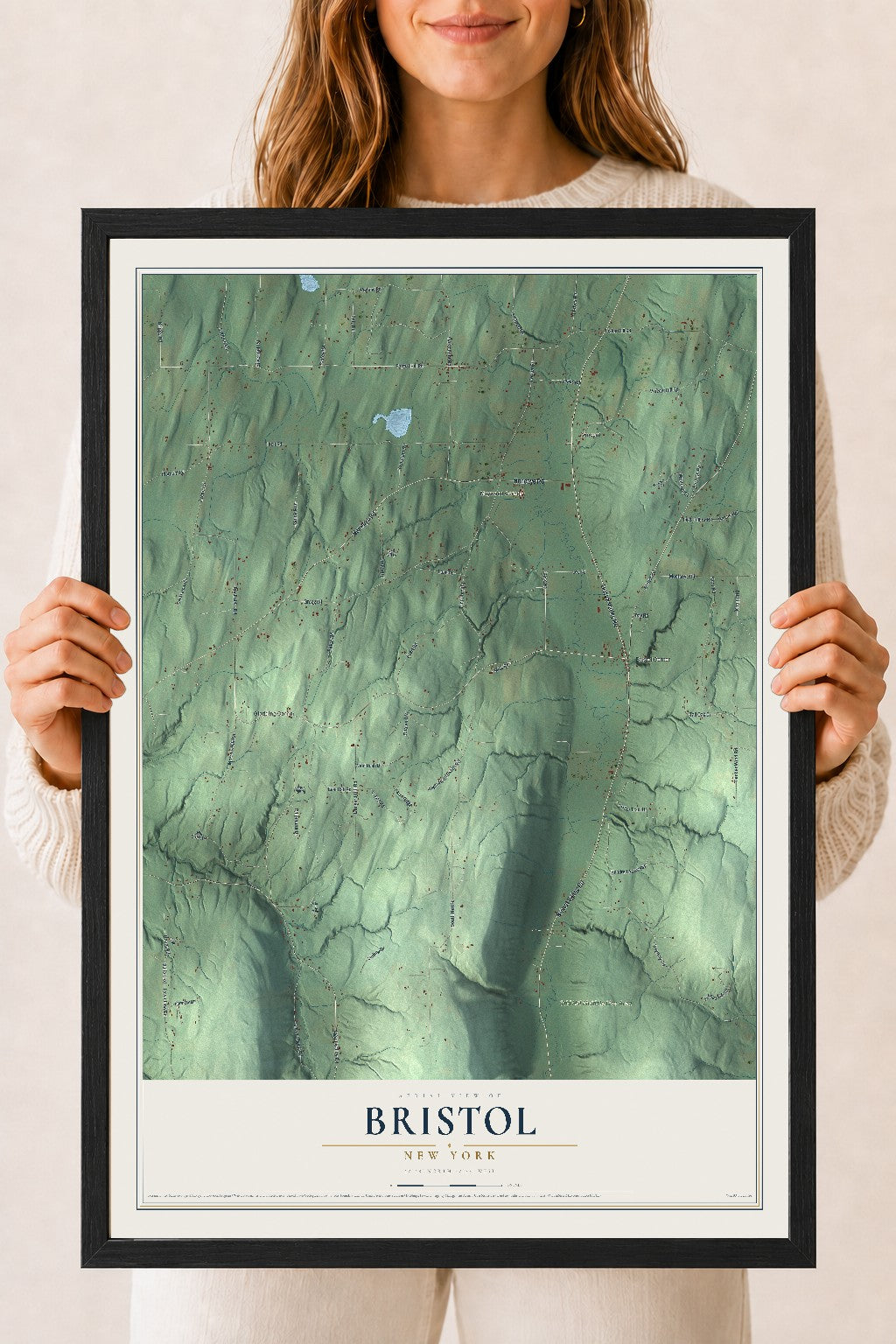 Bristol, New York map print, 18" x 24" W/ Black Ayous Wood Frame mockup