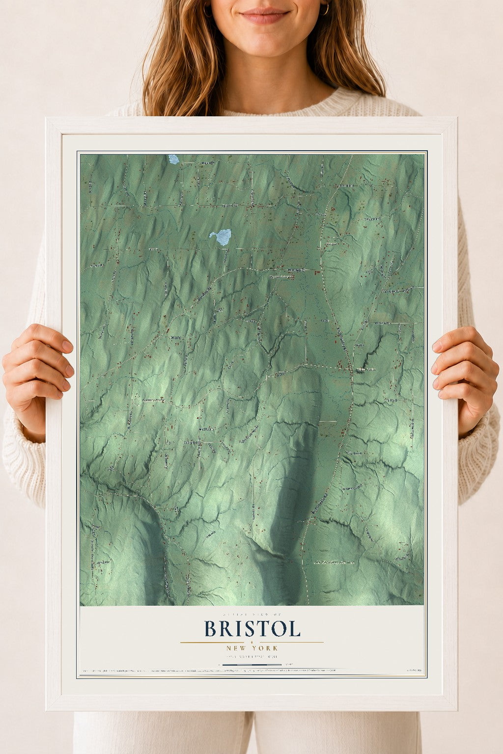 Bristol, New York map print, 18" x 24" W/ White Ayous Wood Frame mockup