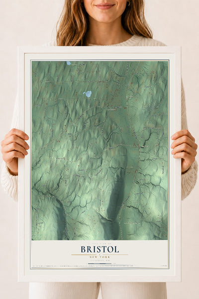 Bristol, New York map print, 18" x 24" W/ White Ayous Wood Frame mockup