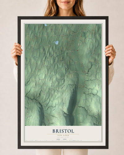 Bristol, New York map print, 24" x 36" W/ Black Ayous Wood Frame mockup