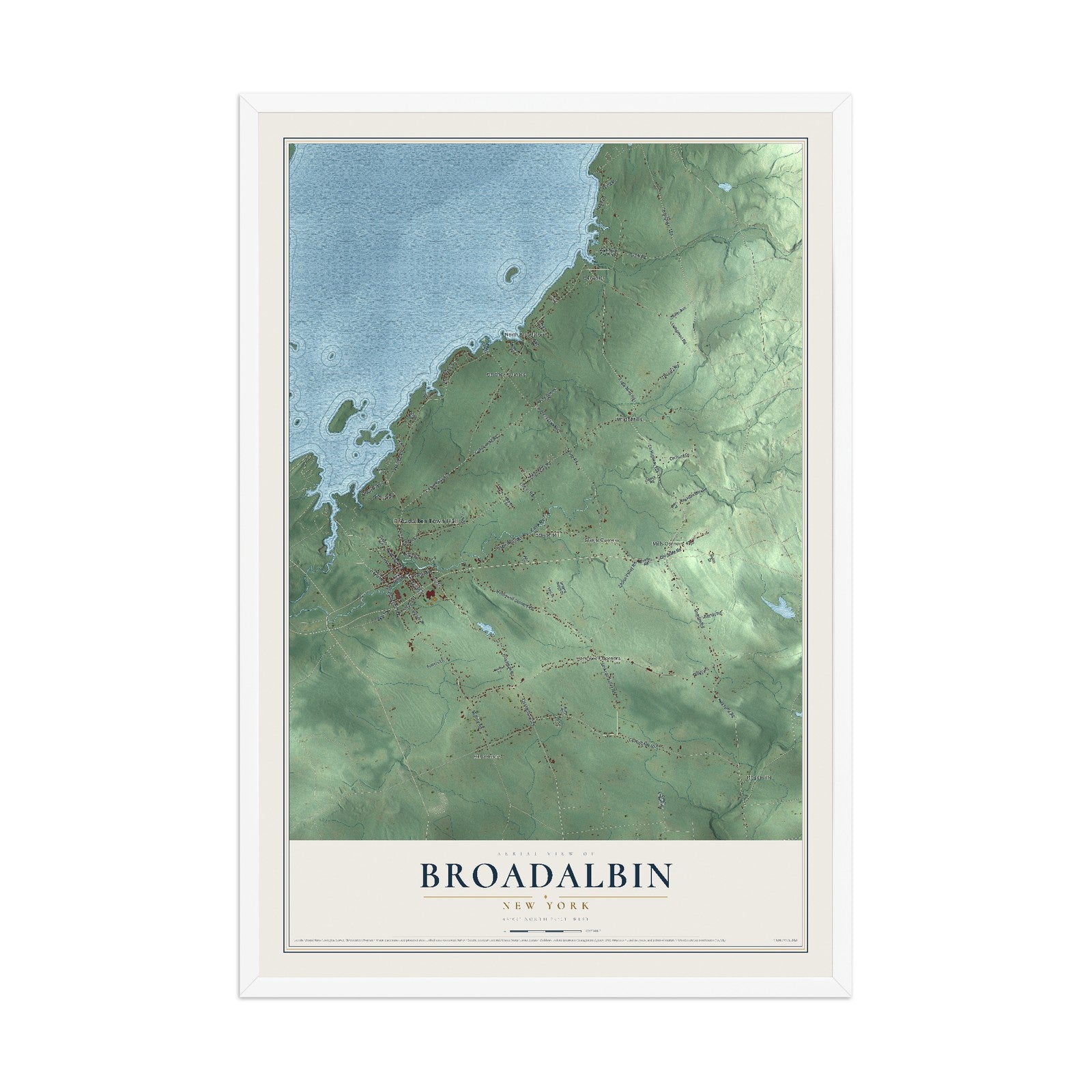 Broadalbin, New York map print, 12" x 18" W/ White Ayous Wood Frame mockup