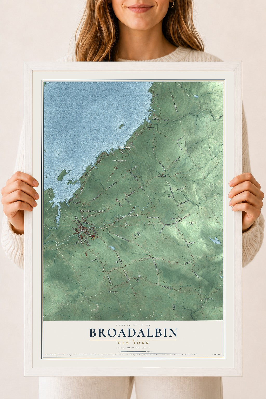Broadalbin, New York map print, 18" x 24" W/ White Ayous Wood Frame mockup