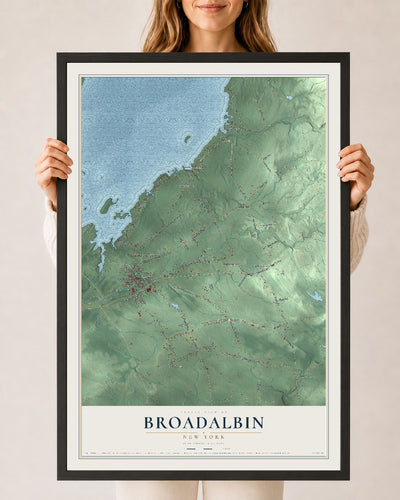 Broadalbin, New York map print, 24" x 36" W/ Black Ayous Wood Frame mockup