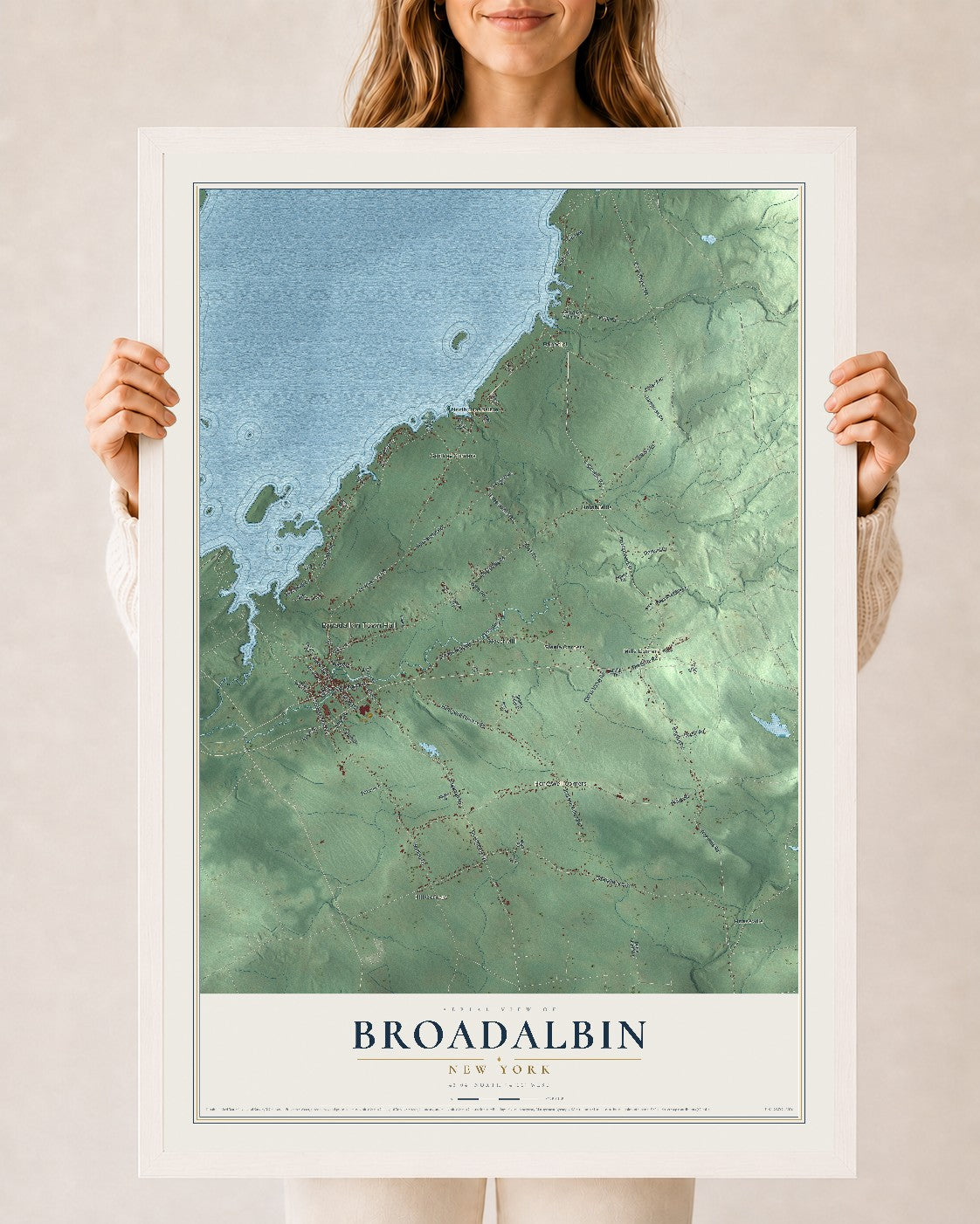 Broadalbin, New York map print, 24" x 36" W/ White Ayous Wood Frame mockup