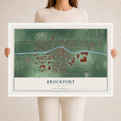 Brockport, New York map print, 24" x 36" W/ White Ayous Wood Frame mockup