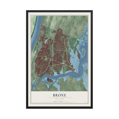 Bronx, New York map print, 12" x 18" W/ Black Ayous Wood Frame mockup