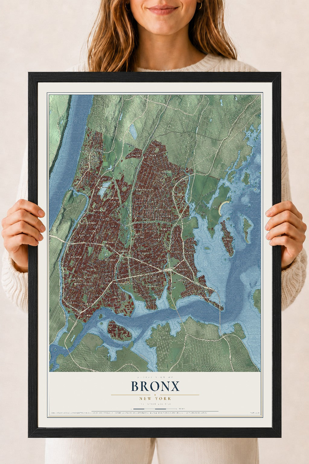 Bronx, New York map print, 18" x 24" W/ Black Ayous Wood Frame mockup