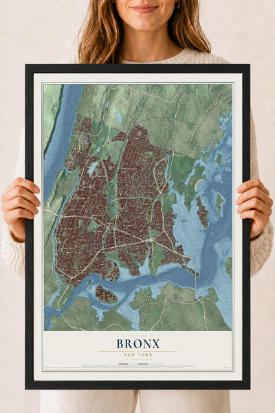 Bronx, New York map print, 18" x 24" W/ Black Ayous Wood Frame mockup