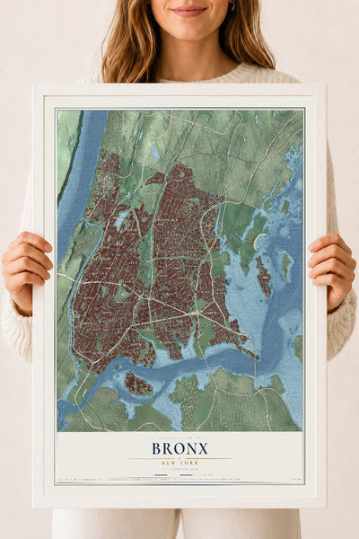 Bronx, New York map print, 18" x 24" W/ White Ayous Wood Frame mockup