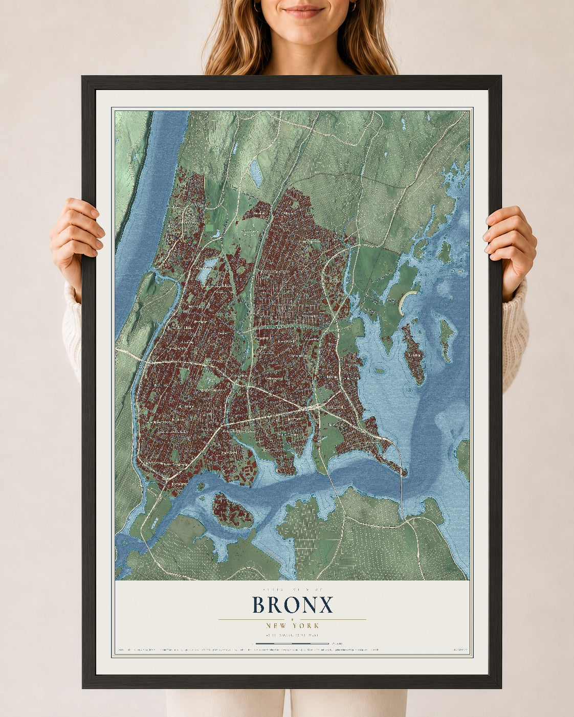 Bronx, New York map print, 24" x 36" W/ Black Ayous Wood Frame mockup