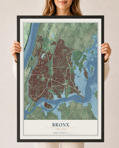 Bronx, New York map print, 24" x 36" W/ Black Ayous Wood Frame mockup