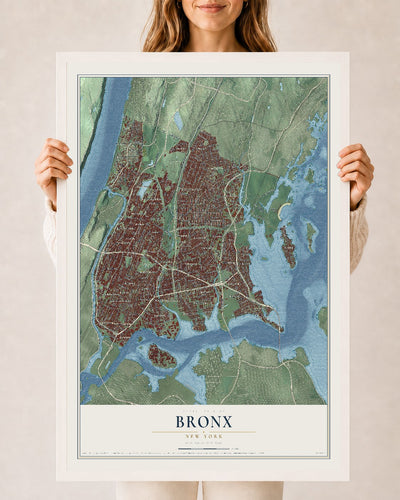 Bronx, New York map print, 24" x 36" W/ White Ayous Wood Frame mockup