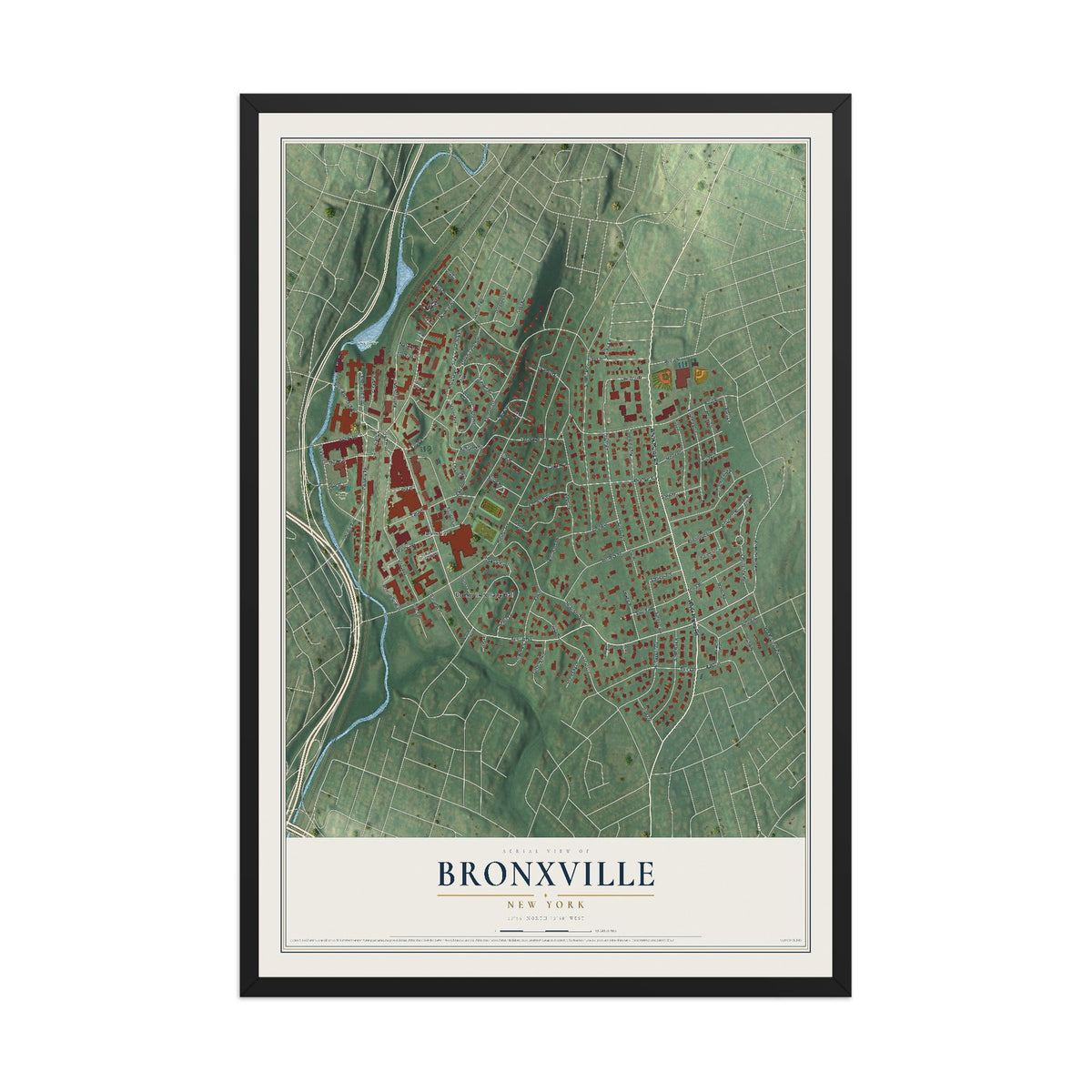 Bronxville, New York map print, 12" x 18" W/ Black Ayous Wood Frame mockup