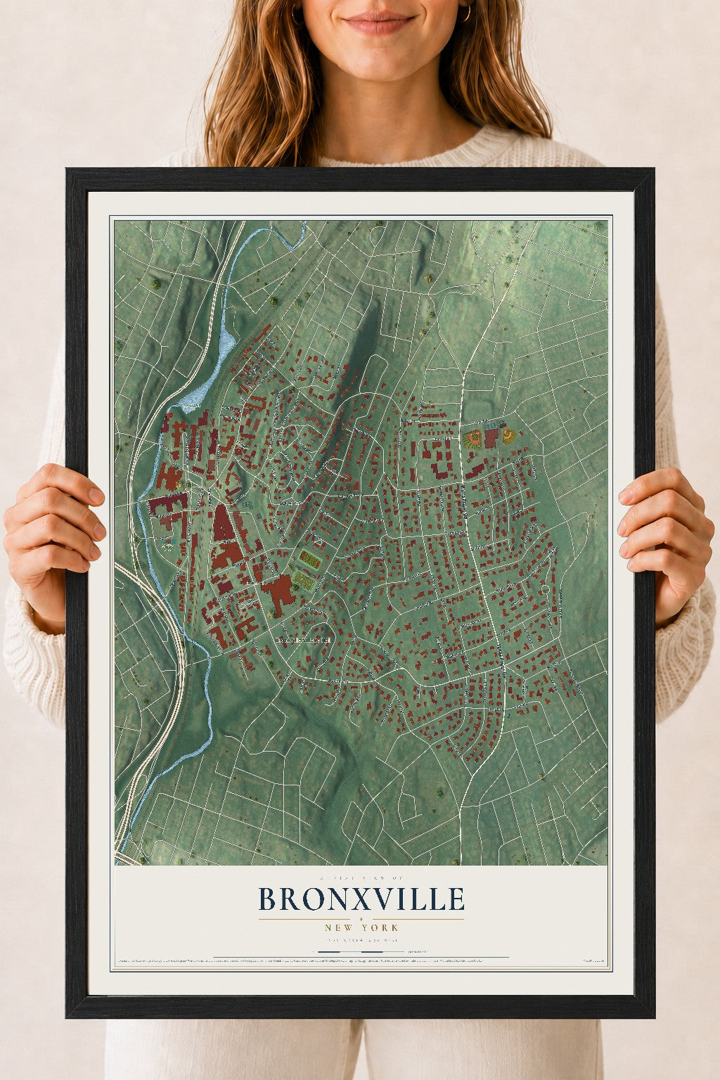 Bronxville, New York map print, 18" x 24" W/ Black Ayous Wood Frame mockup