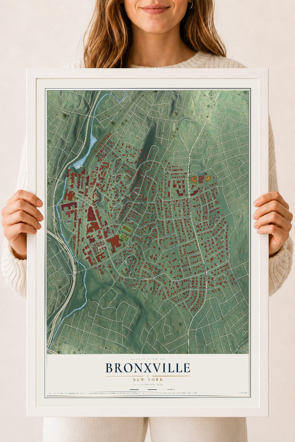 Bronxville, New York map print, 18" x 24" W/ White Ayous Wood Frame mockup