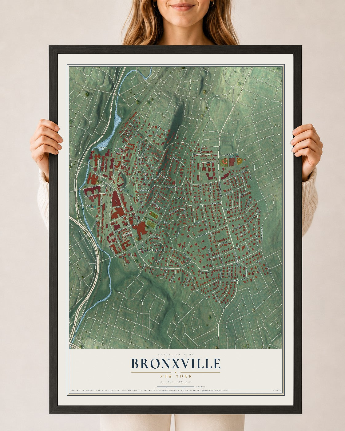 Bronxville, New York map print, 24" x 36" W/ Black Ayous Wood Frame mockup