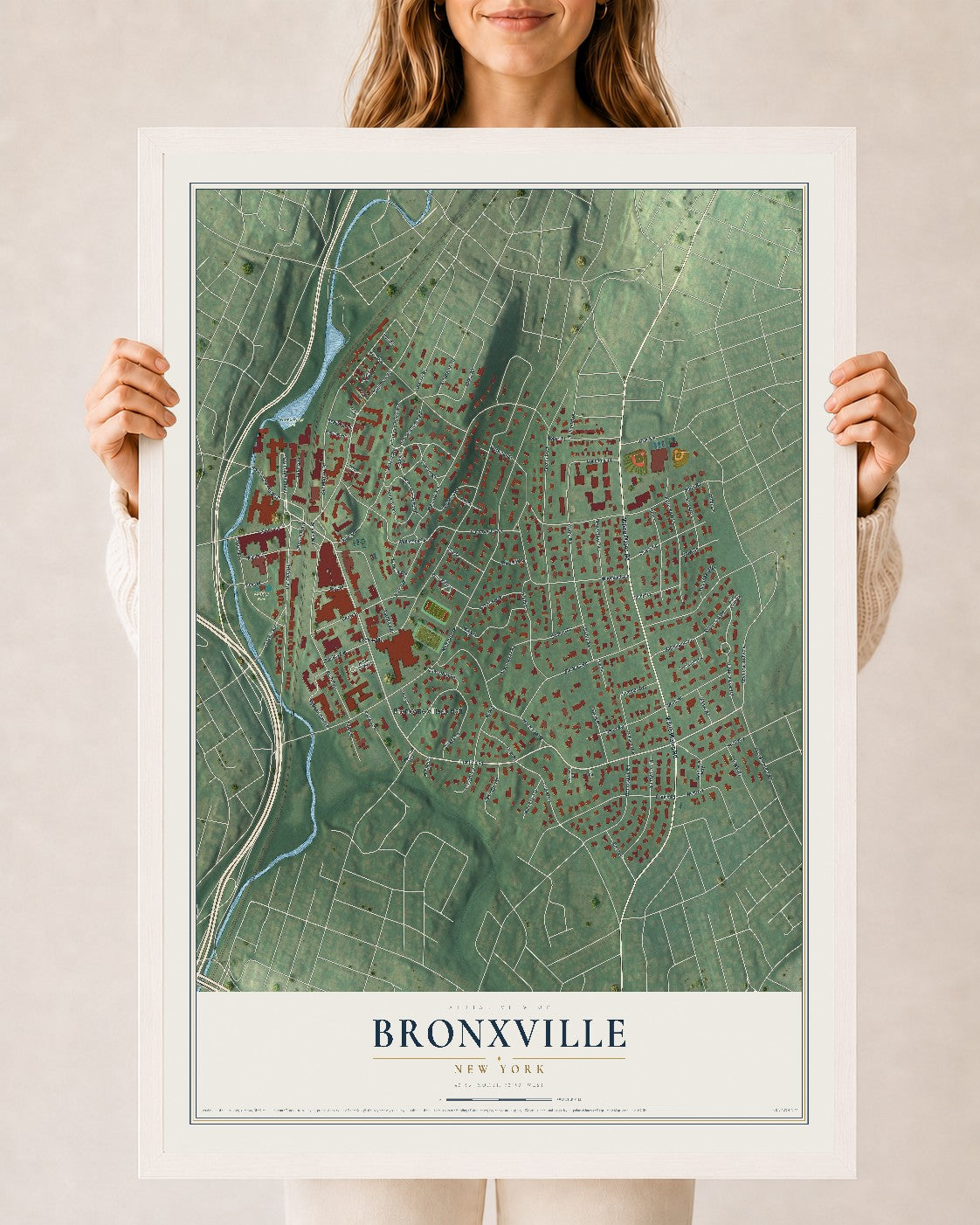 Bronxville, New York map print, 24" x 36" W/ White Ayous Wood Frame mockup